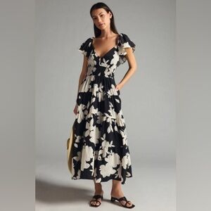 RACHEL ZOE Black & White Floral Flutter Sleeve Tiered Ruffle Maxi Dress Size XS